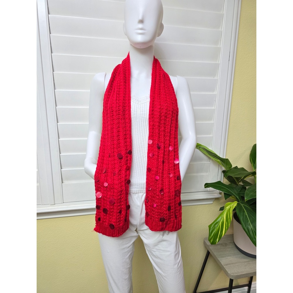 Red Knit Long Sequin Whimsy Cozy Y2K 90s Scarf OSFM